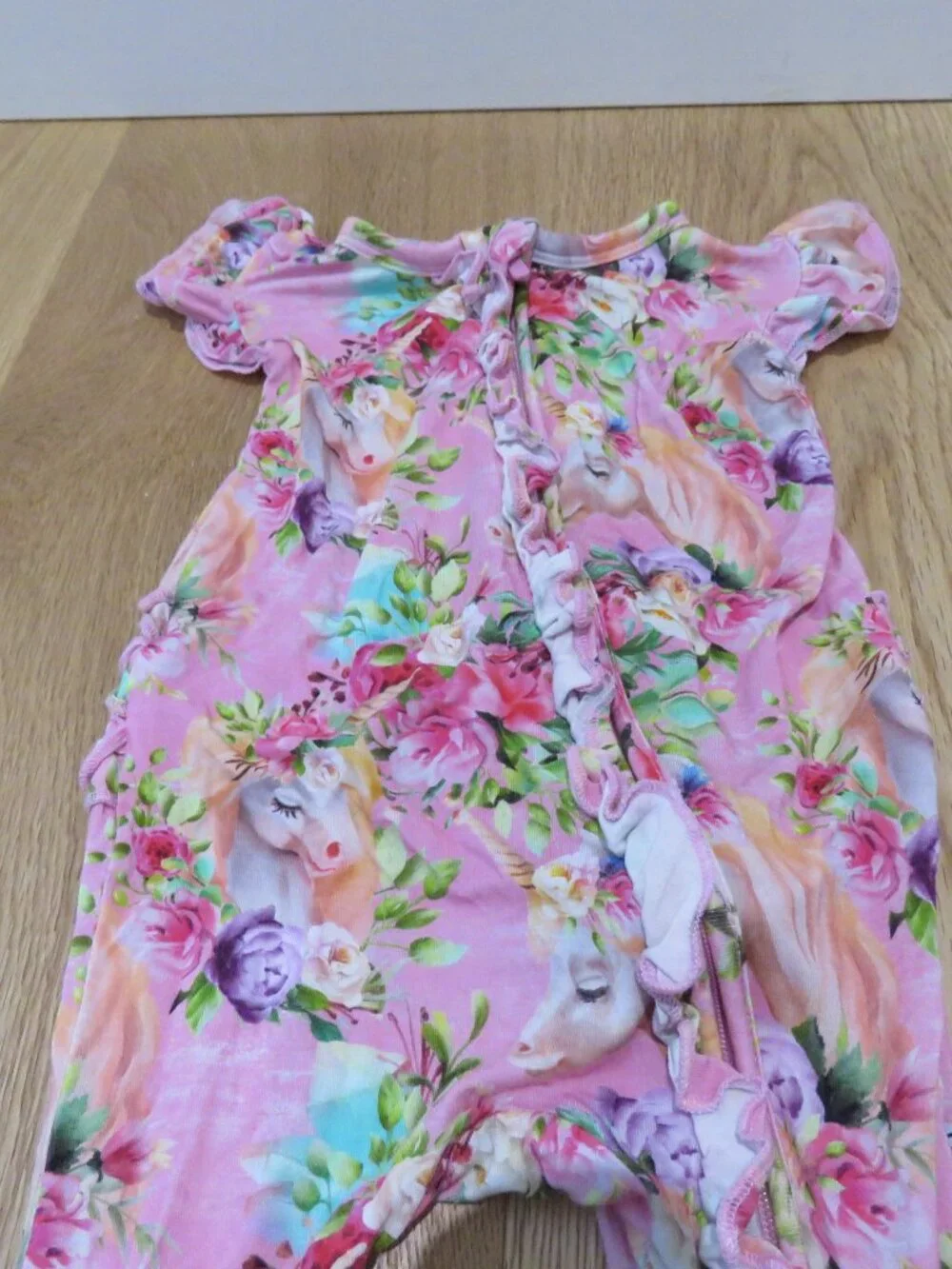 LITTLE BUM BUMS Horn to be Wild Unicorn Ruffle Baby Romper Bamboo 6-9 Months